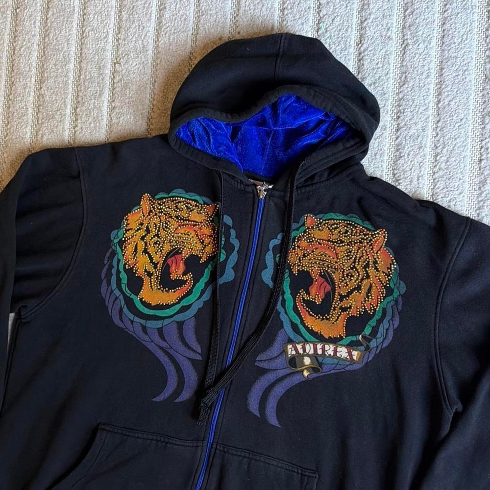 VTG Y2K AVIREX Rhinestone Tiger Full Zip Hoodie Sweatshirt Black Size XL Skater